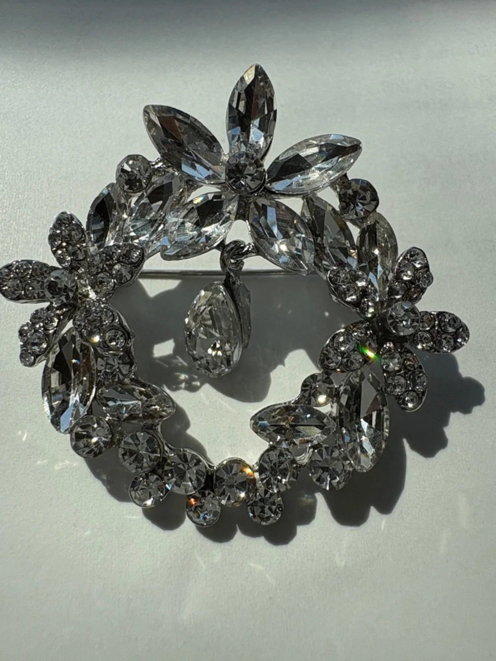 Crystal Floral Wreath Brooch - Clear Sparkle